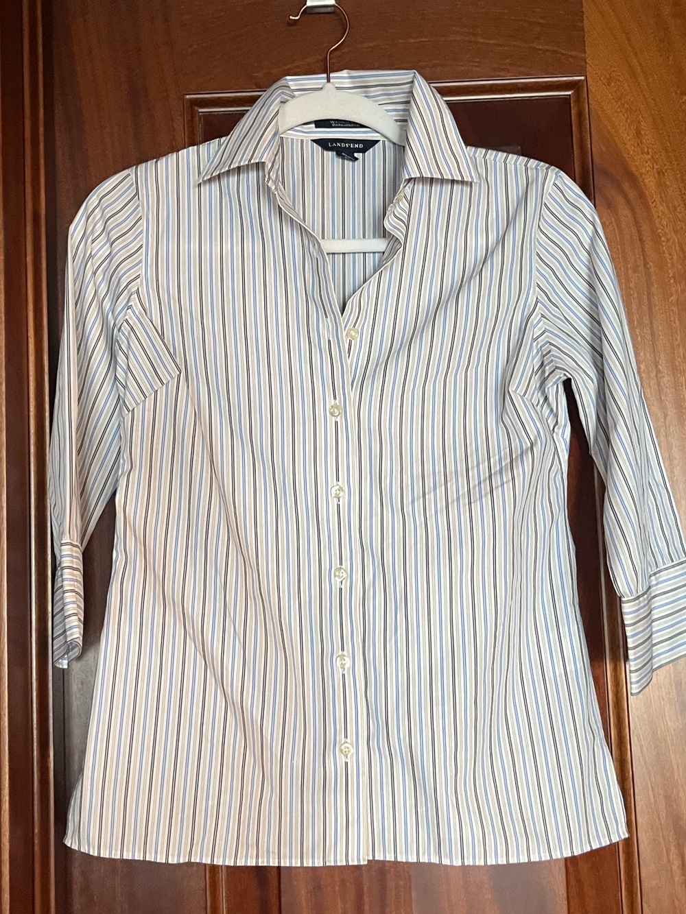 Lands' End Women 0 0P Shirt Blue & White Stripe Button Up Non-Iron Wrinkle-Free